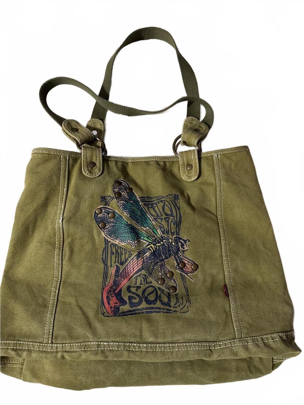 Levi's Olive Green Canvas Tote Bag with Dragonfly Print and Stud Accents